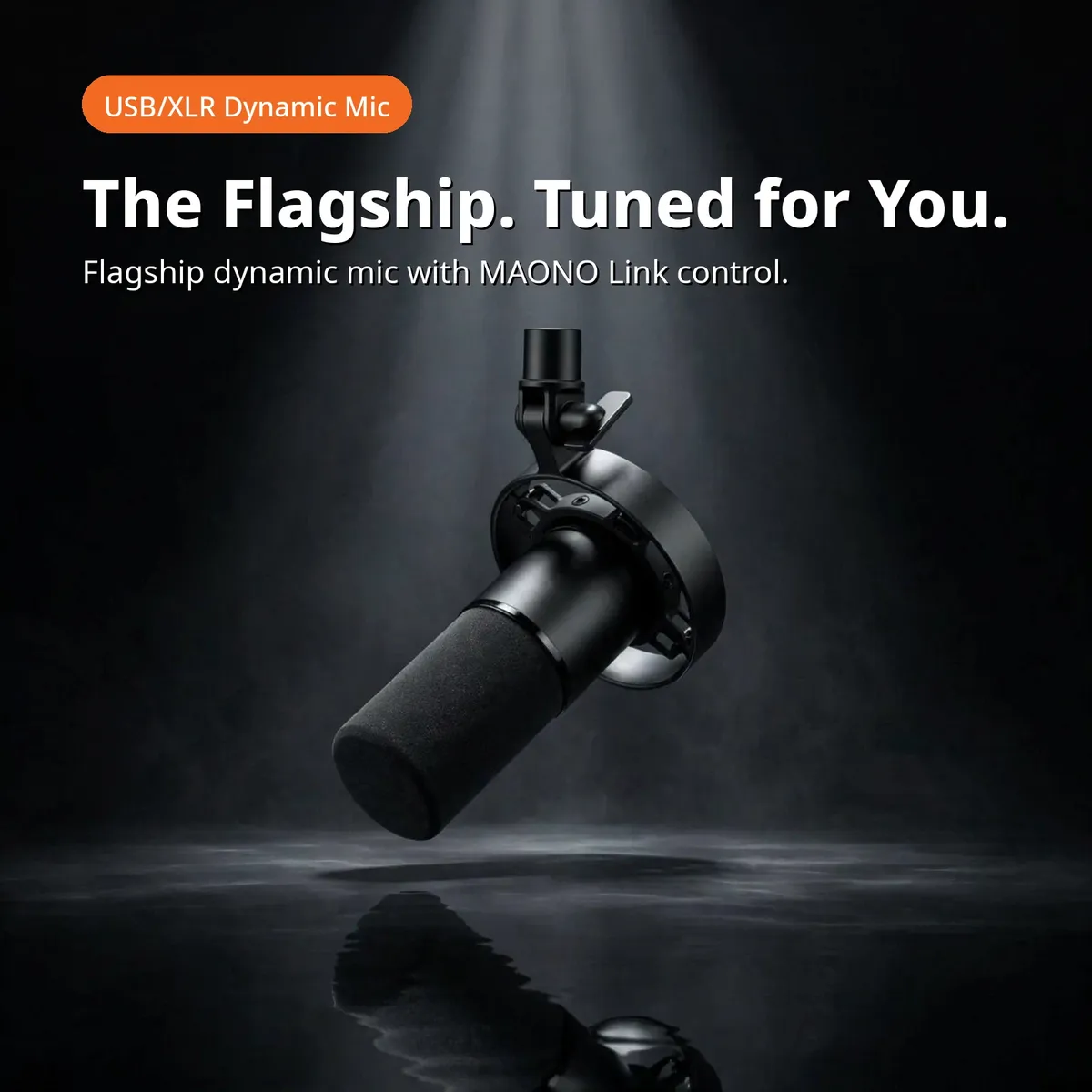 MAONO PD300X promo hero showing the microphone under a spotlight — The Flagship. Tuned for You. Flagship dynamic mic with MAONO Link control.