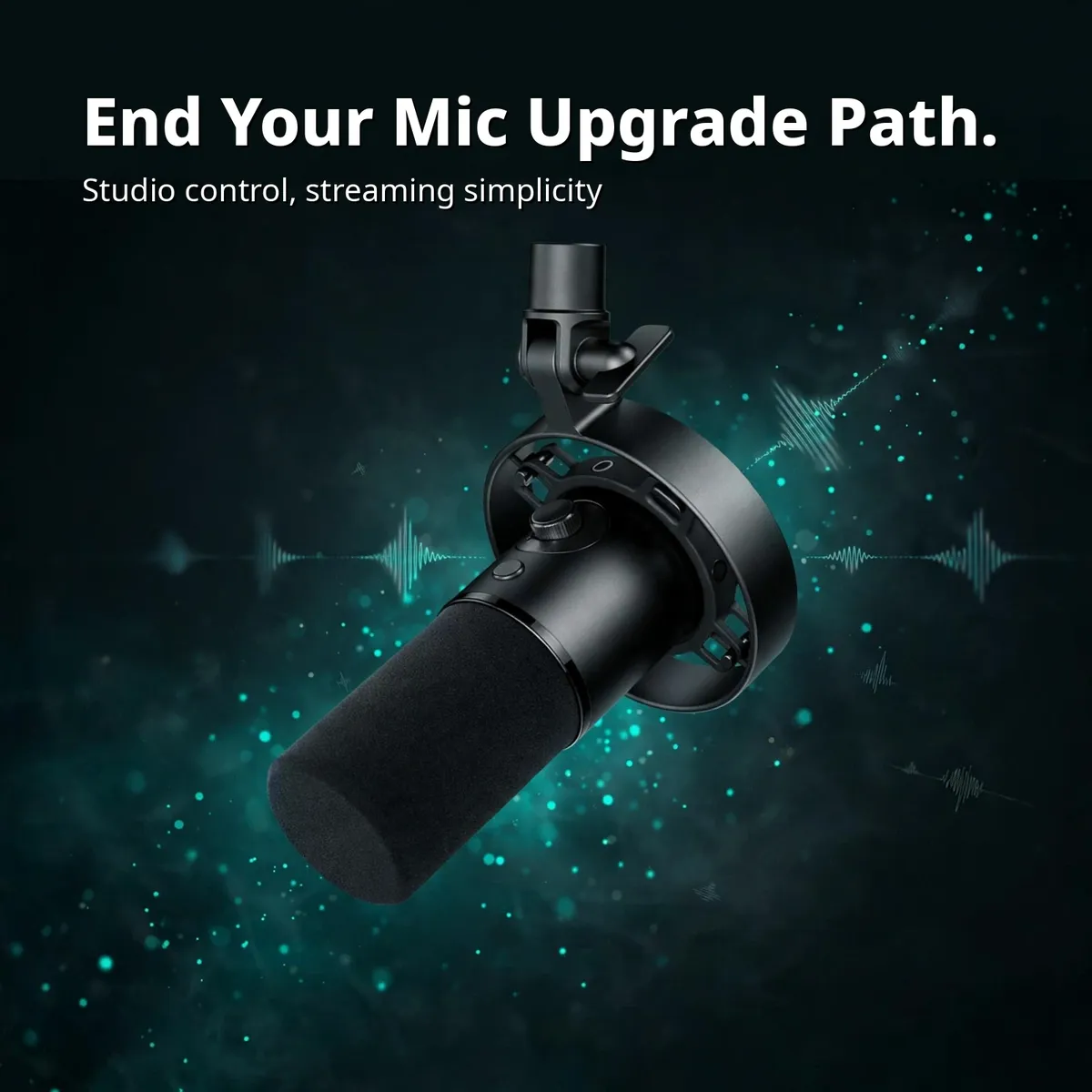 MAONO PD300X creator promo showing the microphone against teal audio waves — End Your Mic Upgrade Path. Studio control, streaming simplicity