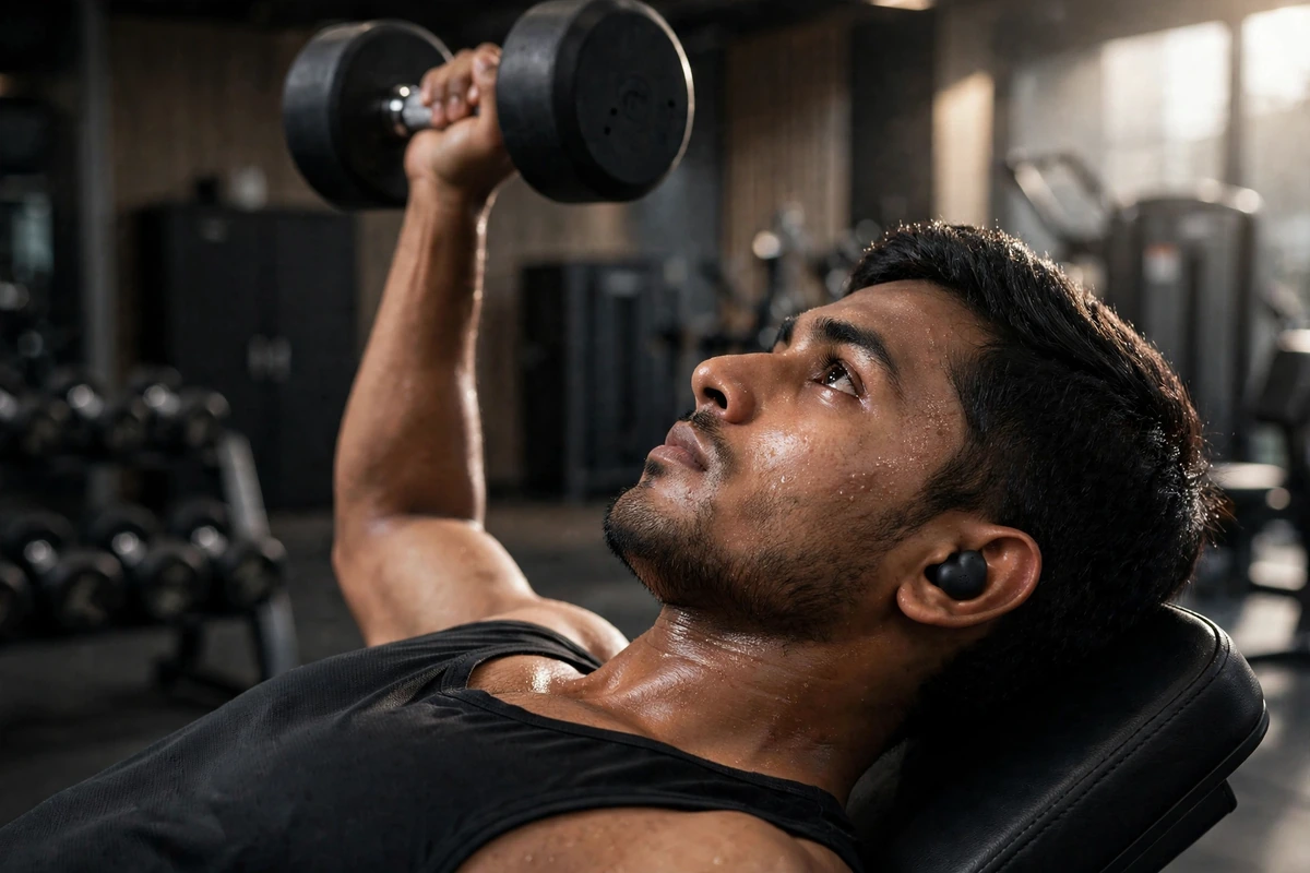 Man doing dumbbell presses in an upscale gym wearing black MEKE DiiM Lite bean earbuds
