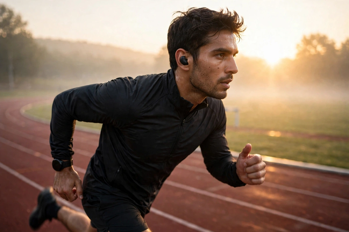 Athlete sprinting on a dawn running track wearing black MEKE DiiM Lite earbuds