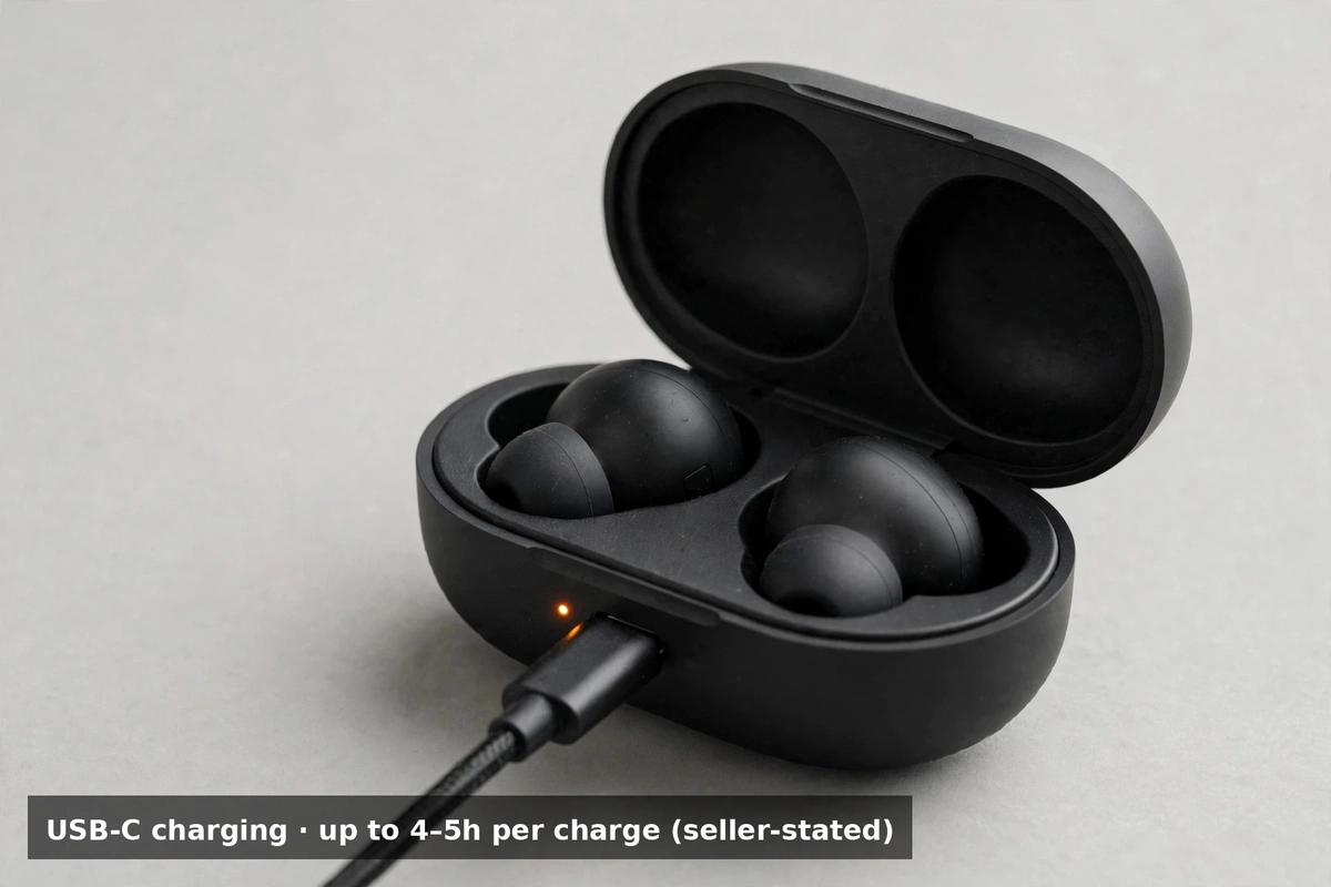 MEKE DiiM Lite charging visualization: buds charging in the open pebble case over USB-C, up to 4 to 5 hours per charge seller-stated