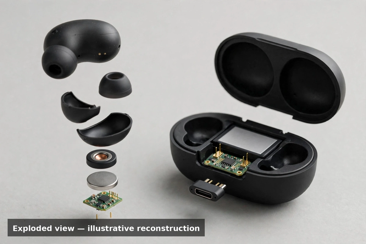 MEKE DiiM Lite exploded view: bean earbud shells, ear tip, driver, battery cell and pebble charging case components, illustrative reconstruction