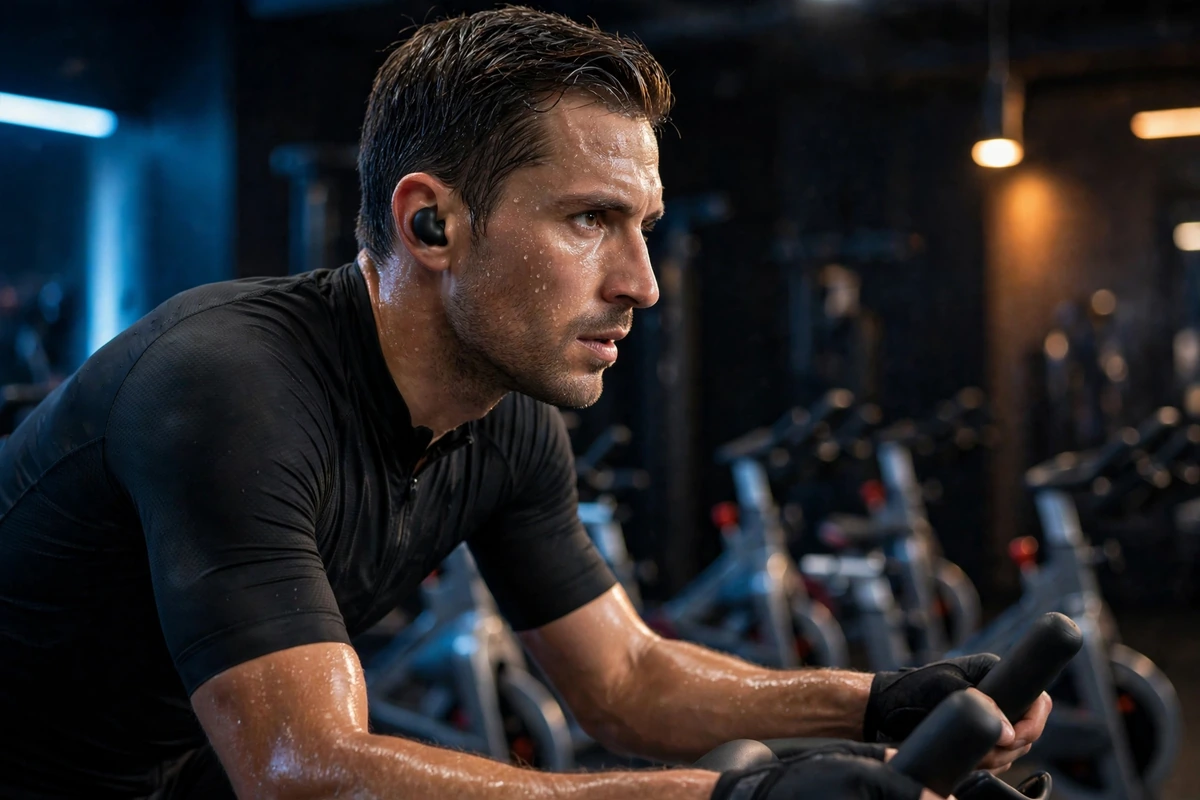 Athlete in a premium spin studio wearing black MEKE DiiM Lite earbuds during intense cardio