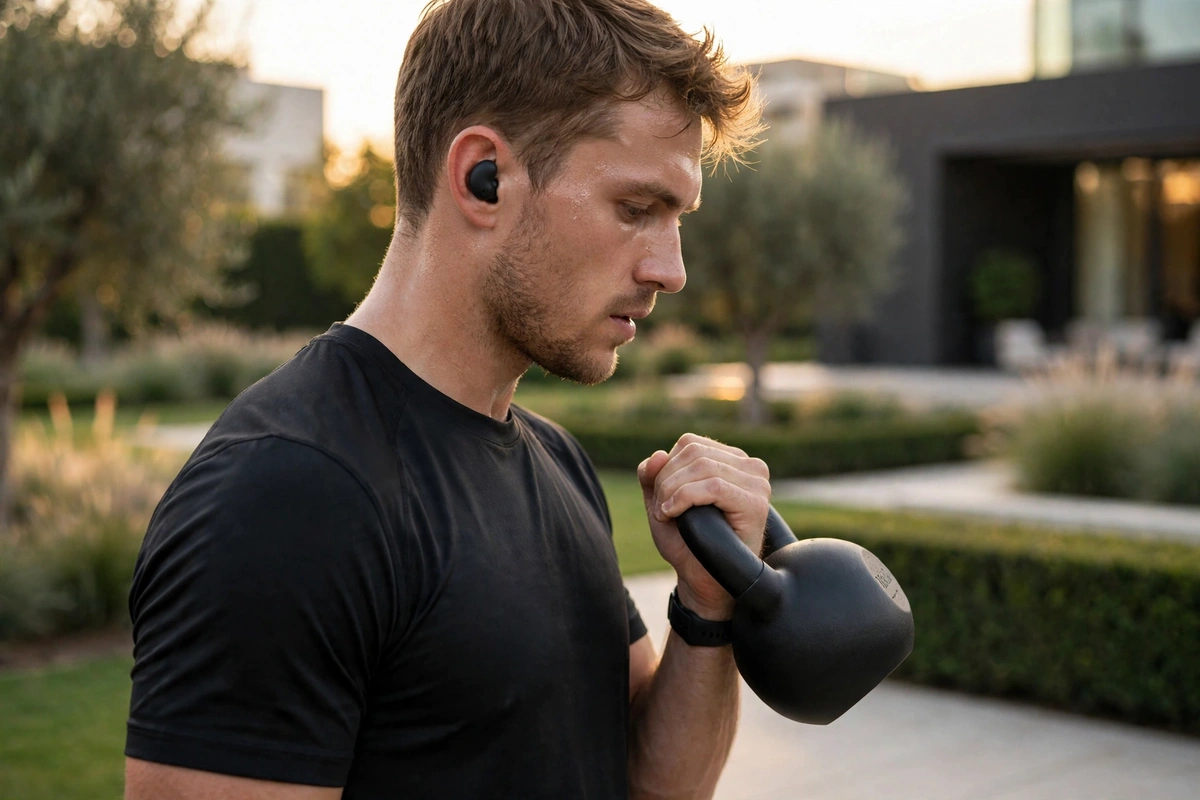 Man kettlebell-training in a landscaped park at golden hour wearing black MEKE DiiM Lite earbuds