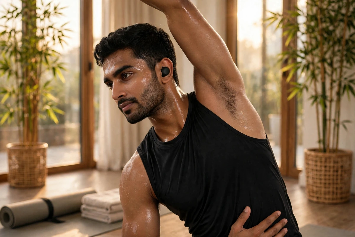 Man stretching in a serene yoga studio post-workout wearing black MEKE DiiM Lite earbuds