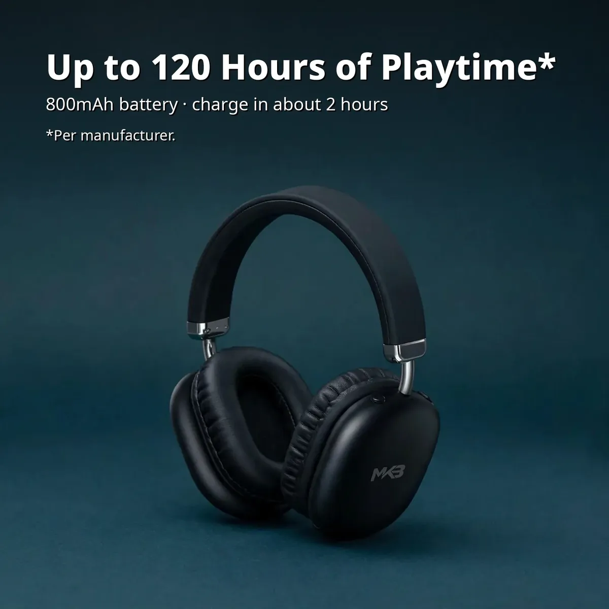 MK3 OH20 Max feature card on a dark backdrop — Up to 120 Hours of Playtime. 800mAh battery, charge in about 2 hours. *Per manufacturer.