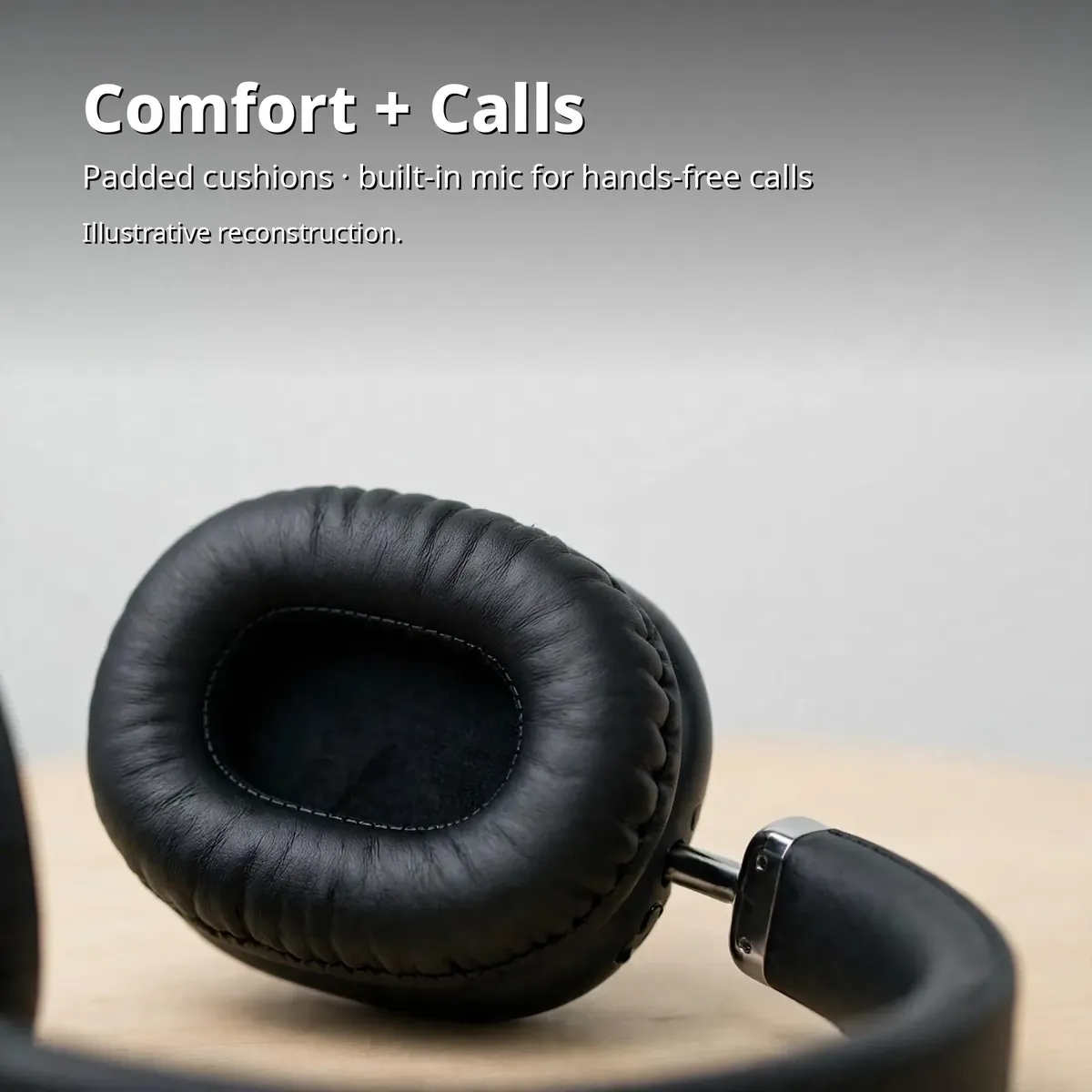 MK3 OH20 Max earcup cushion macro — Comfort + Calls. Padded cushions, built-in mic for hands-free calls. Illustrative reconstruction.