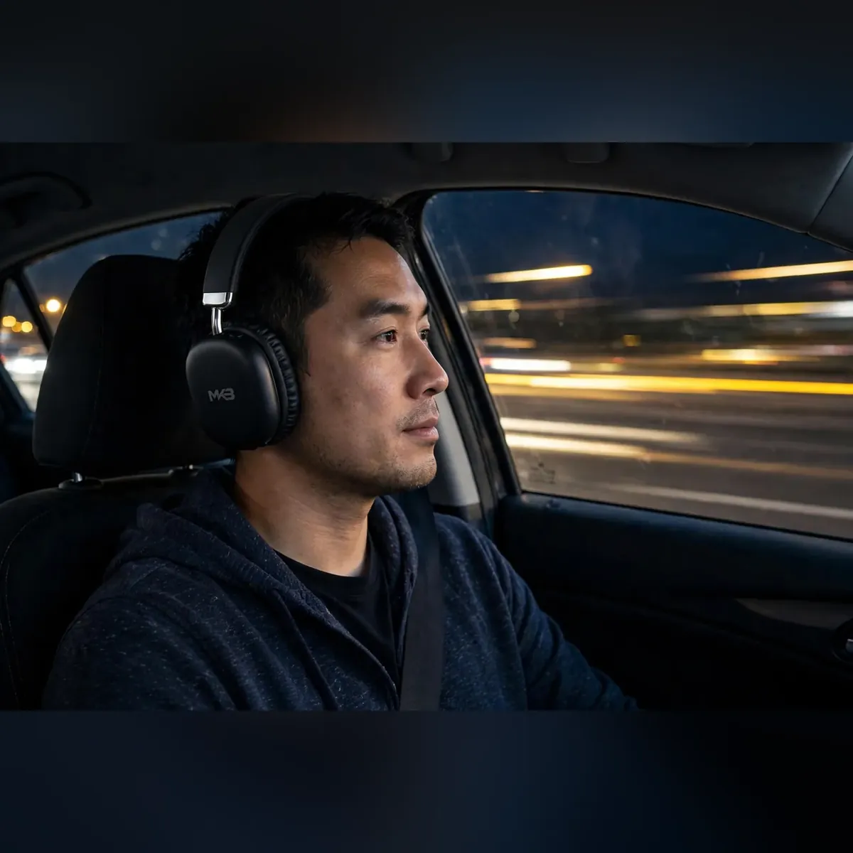 MK3 OH20 Max lifestyle photo — man wearing the black headphones in a car at night.
