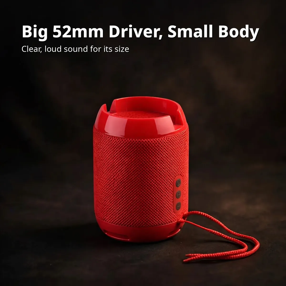 MKB SP1 true wireless speaker in red showing the big 52mm driver feature card