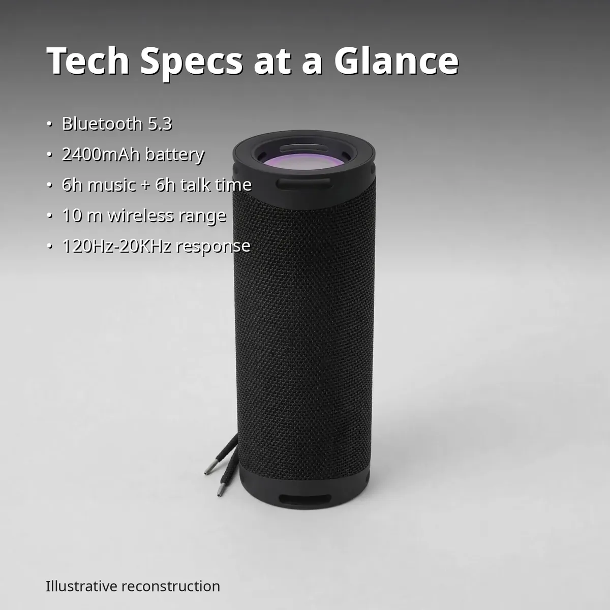 MKB SP2 spec infographic — Tech Specs at a Glance. Bluetooth 5.3, 2400mAh battery, 6h music and 6h talk, 10 m range, 120Hz–20kHz. Illustrative reconstruction.