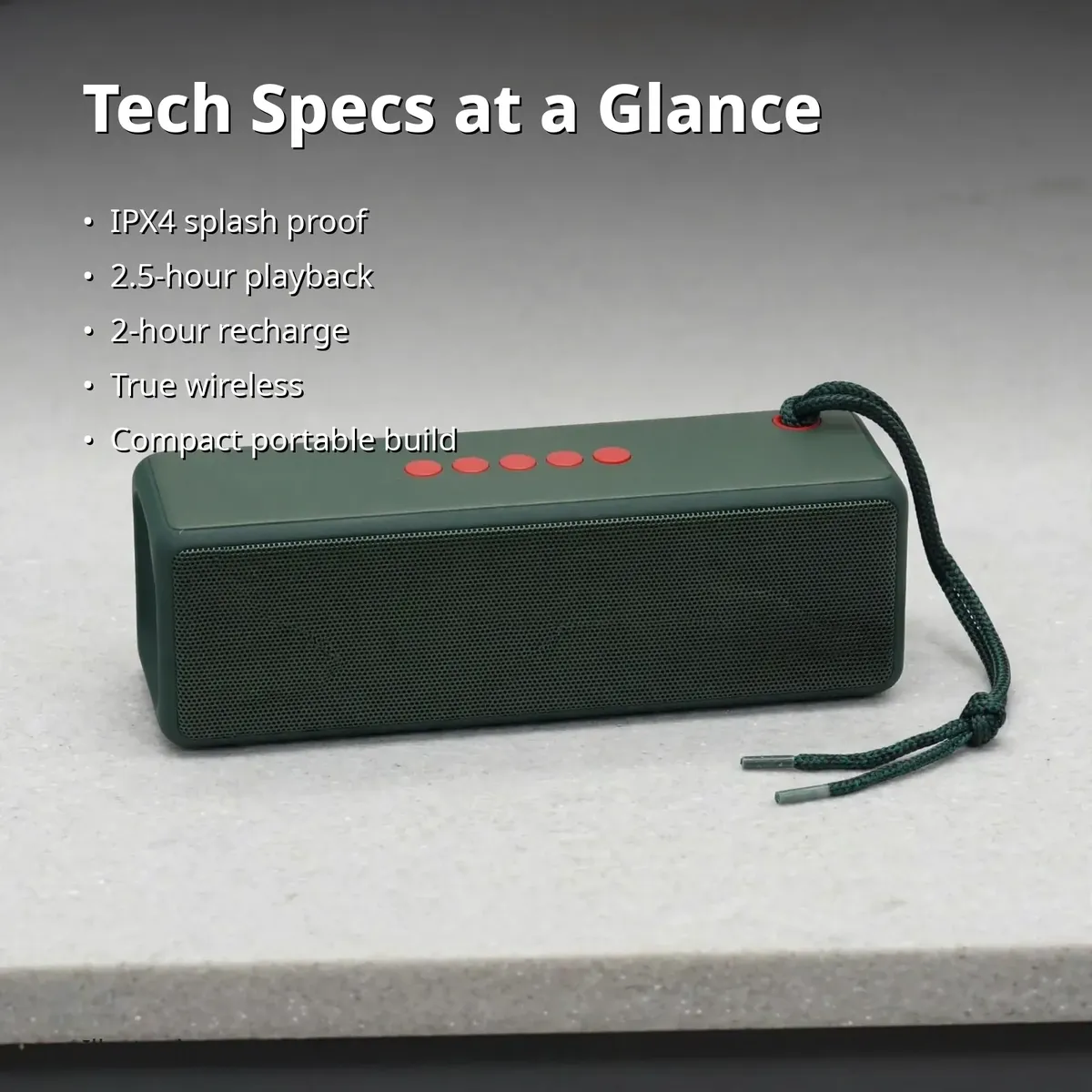 MKB SP4 tech specs card showing IPX4, 2.5-hour playback and 2-hour recharge