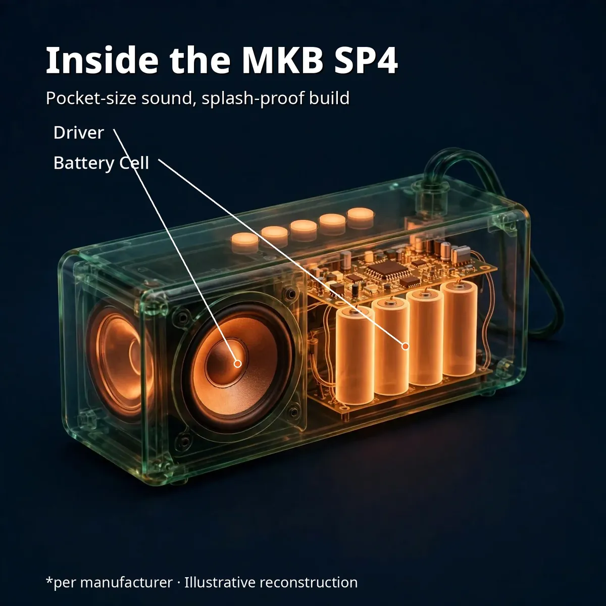 Illustrative x-ray cutaway of the green MKB SP4 revealing the driver and battery cell