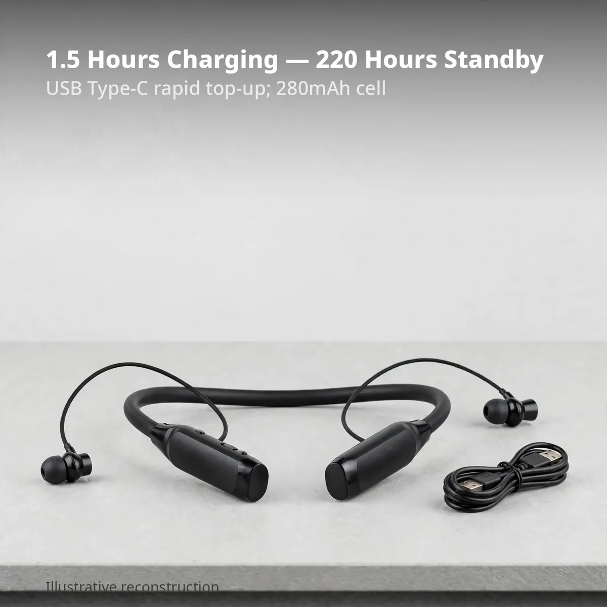 MKB V30 Pro Max charging infographic — 1.5 Hours Charging, 220 Hours Standby. USB Type-C rapid top-up; 280mAh cell. Per manufacturer, illustrative reconstruction.
