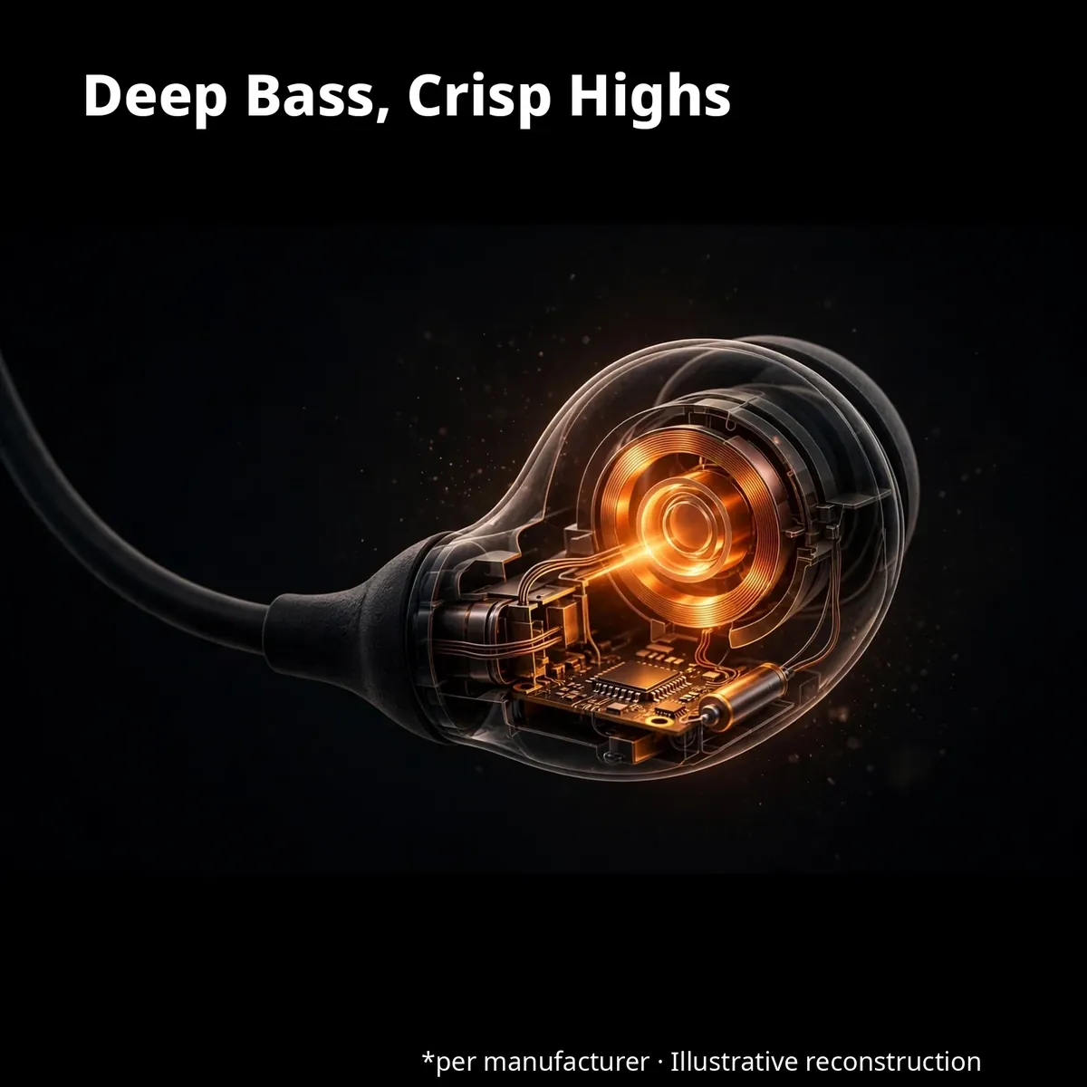 MKB V30 Pro Max driver x-ray close-up — Deep Bass, Crisp Highs. A closer look at the dynamic driver. Per manufacturer, illustrative reconstruction.