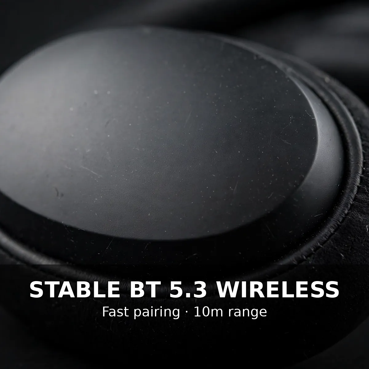 MKB OH20 Max wireless card, earcup close-up on dark backdrop — Stable BT 5.3 Wireless. Fast pairing, 10m range.