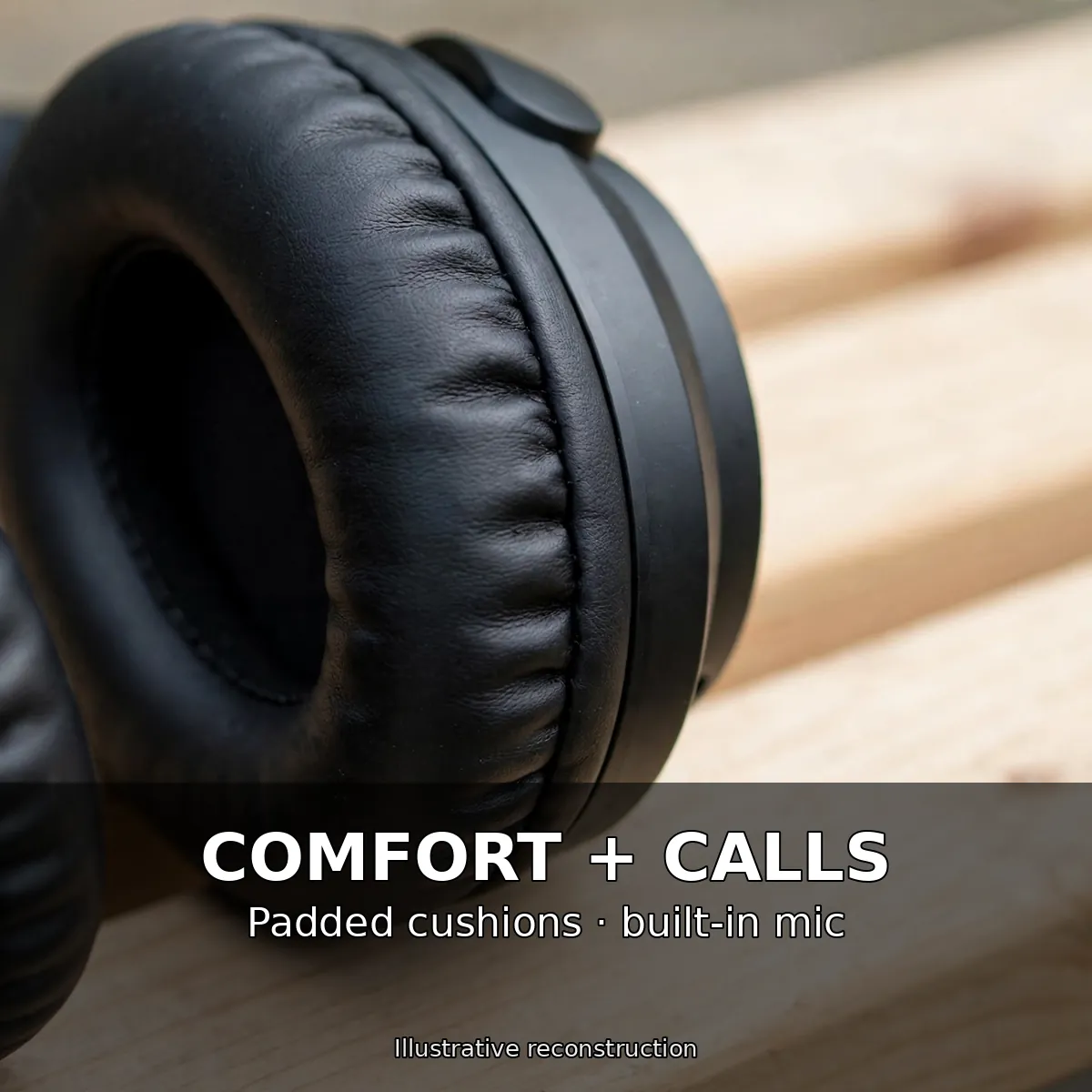 MKB OH20 Max comfort card, cushion detail on a light bench — Comfort plus Calls. Padded cushions, built-in mic. Illustrative reconstruction.