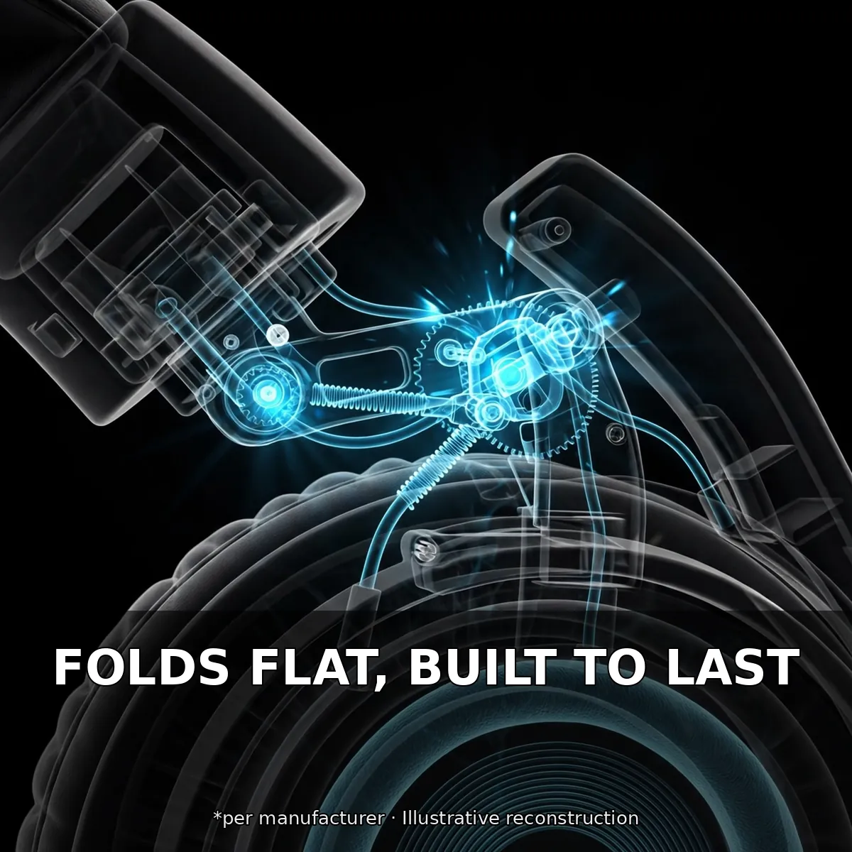 MKB OH20 Max hinge x-ray close-up — Folds Flat, Built to Last. Per manufacturer. Illustrative reconstruction.