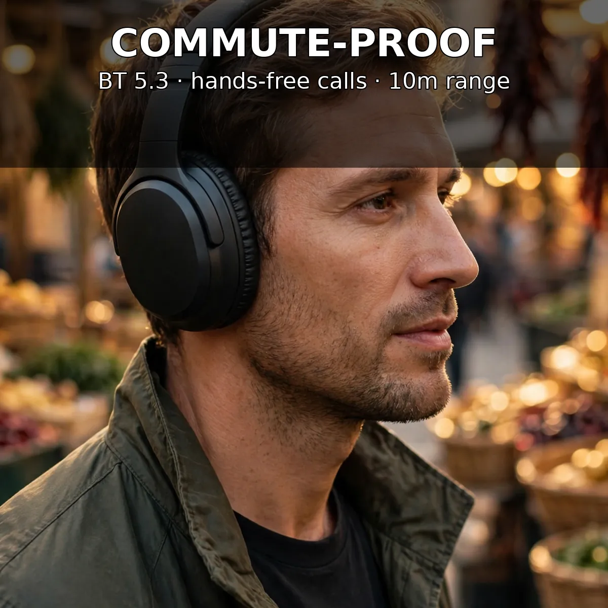 MKB OH20 Max commuter card, man wearing the headphone in a market street — Commute-Proof. BT 5.3, hands-free calls, 10m range.