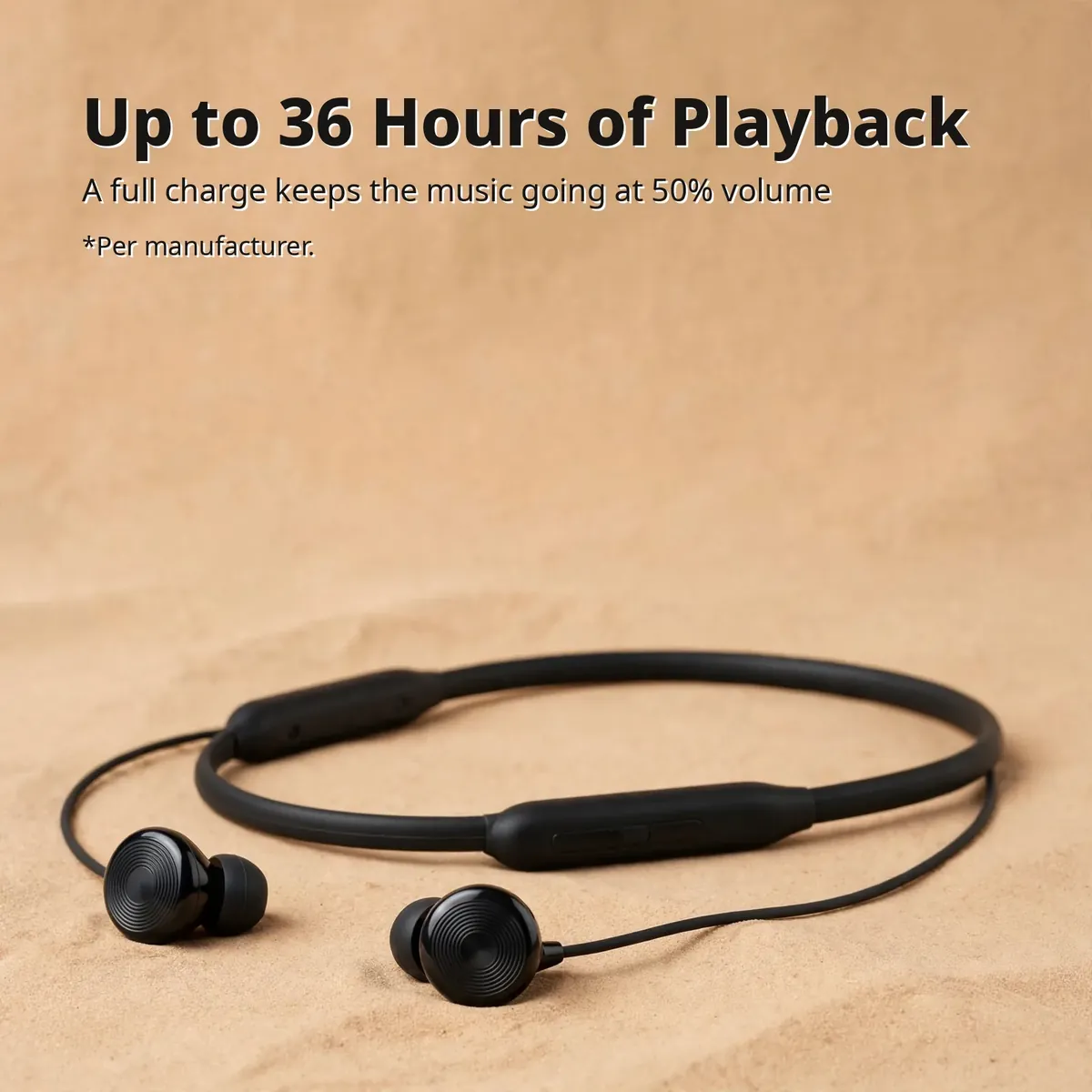 OnePlus Bullets Wireless Z3 battery card — Up to 36 Hours of Playback. A full charge keeps the music going at 50% volume. Per manufacturer.