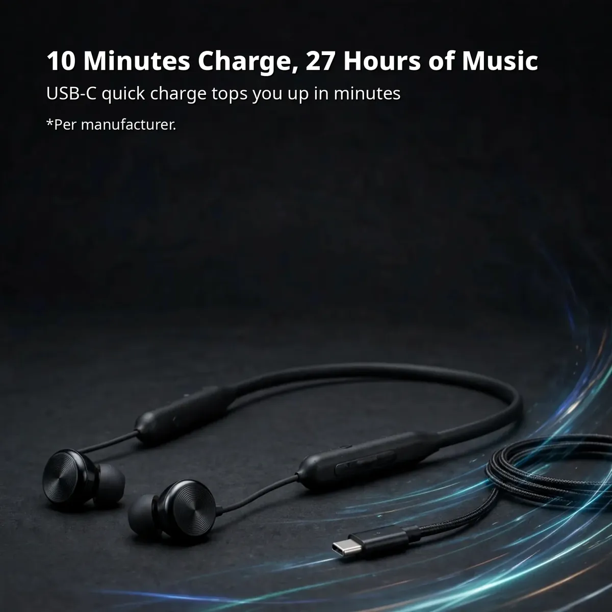 OnePlus Bullets Wireless Z3 fast-charge card — 10 Minutes Charge, 27 Hours of Music. USB-C quick charge. Per manufacturer.