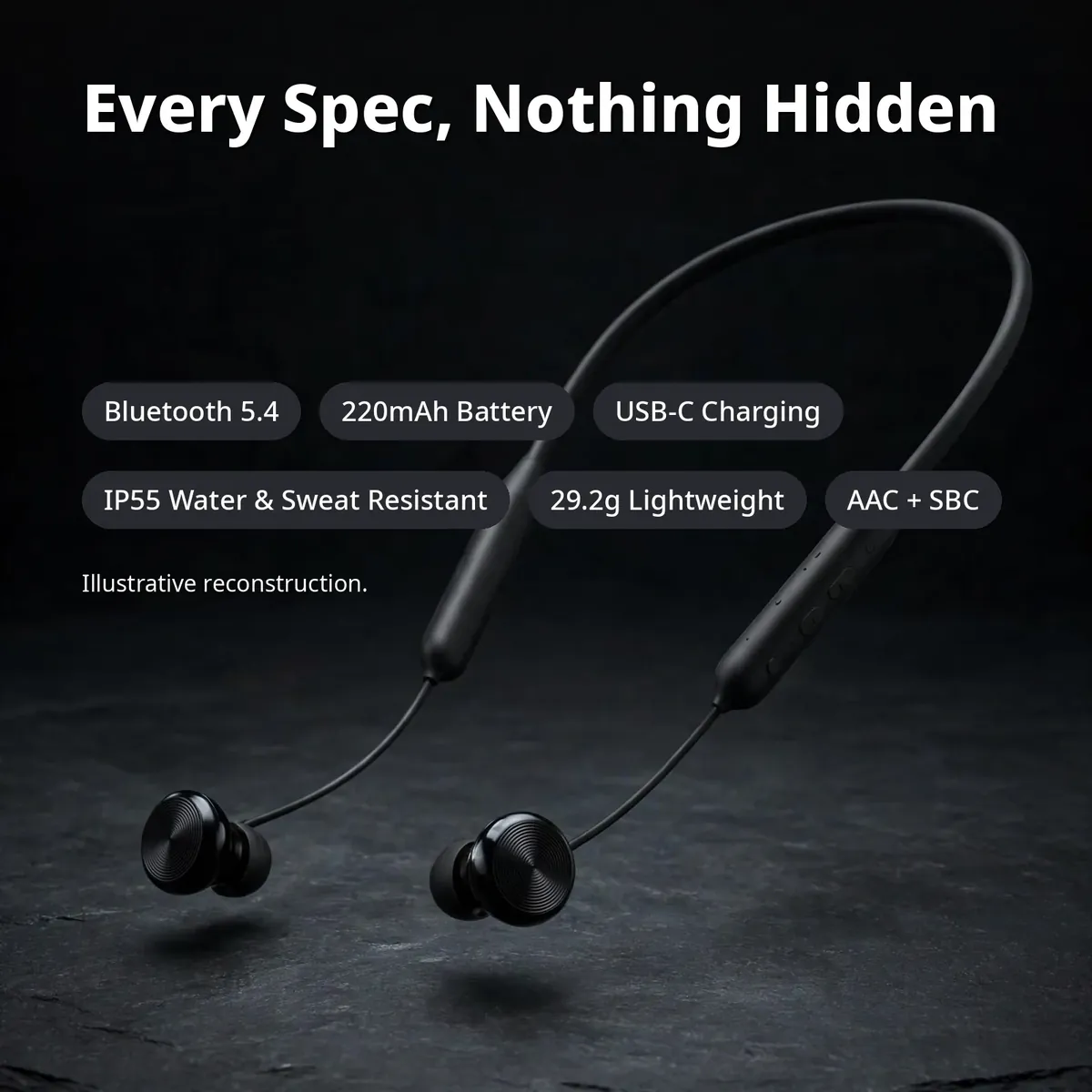 OnePlus Bullets Wireless Z3 specs infographic — Every Spec, Nothing Hidden. Bluetooth 5.4, 220mAh, USB-C, IP55, 29.2g, AAC + SBC. Illustrative reconstruction.