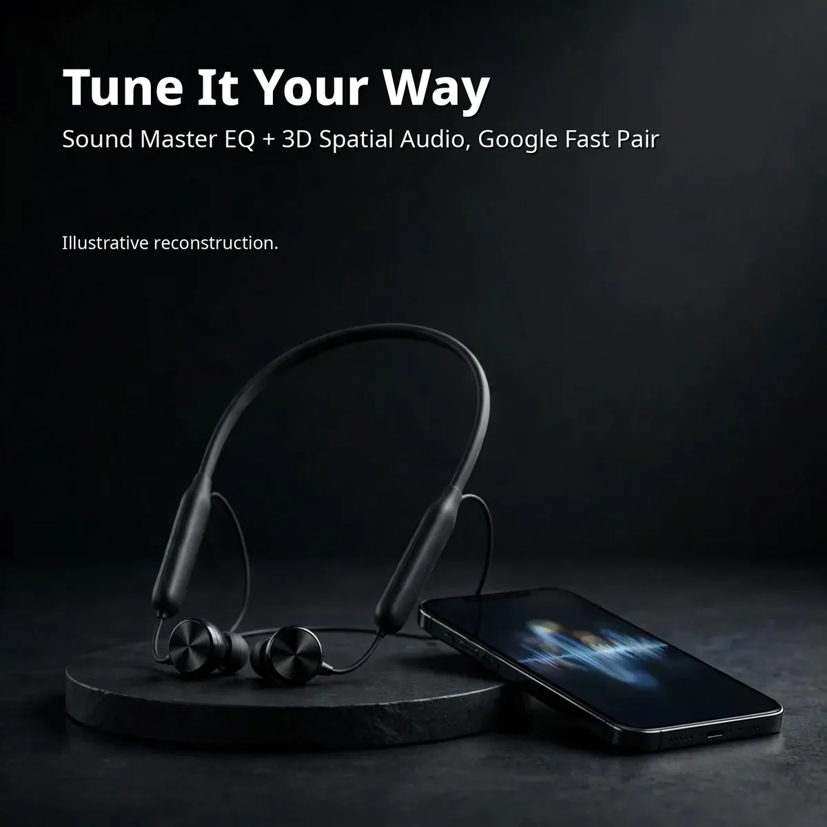 OnePlus Bullets Wireless Z3 audio infographic — Tune It Your Way. Sound Master EQ + 3D Spatial Audio, Google Fast Pair. Illustrative reconstruction.