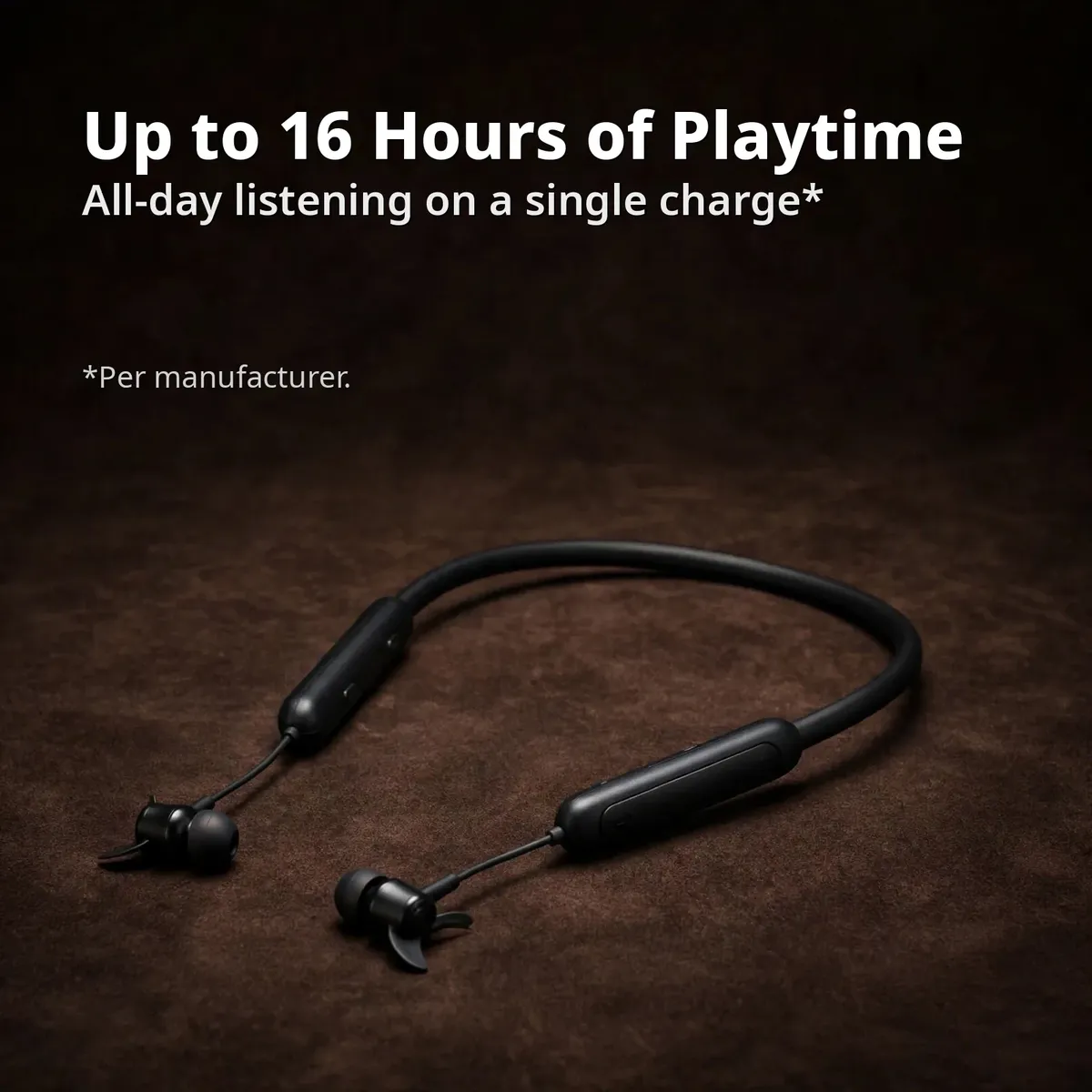 Philips TAN1120 battery card on a warm dark backdrop — Up to 16 Hours of Playtime. All-day listening on a single charge. Per manufacturer.