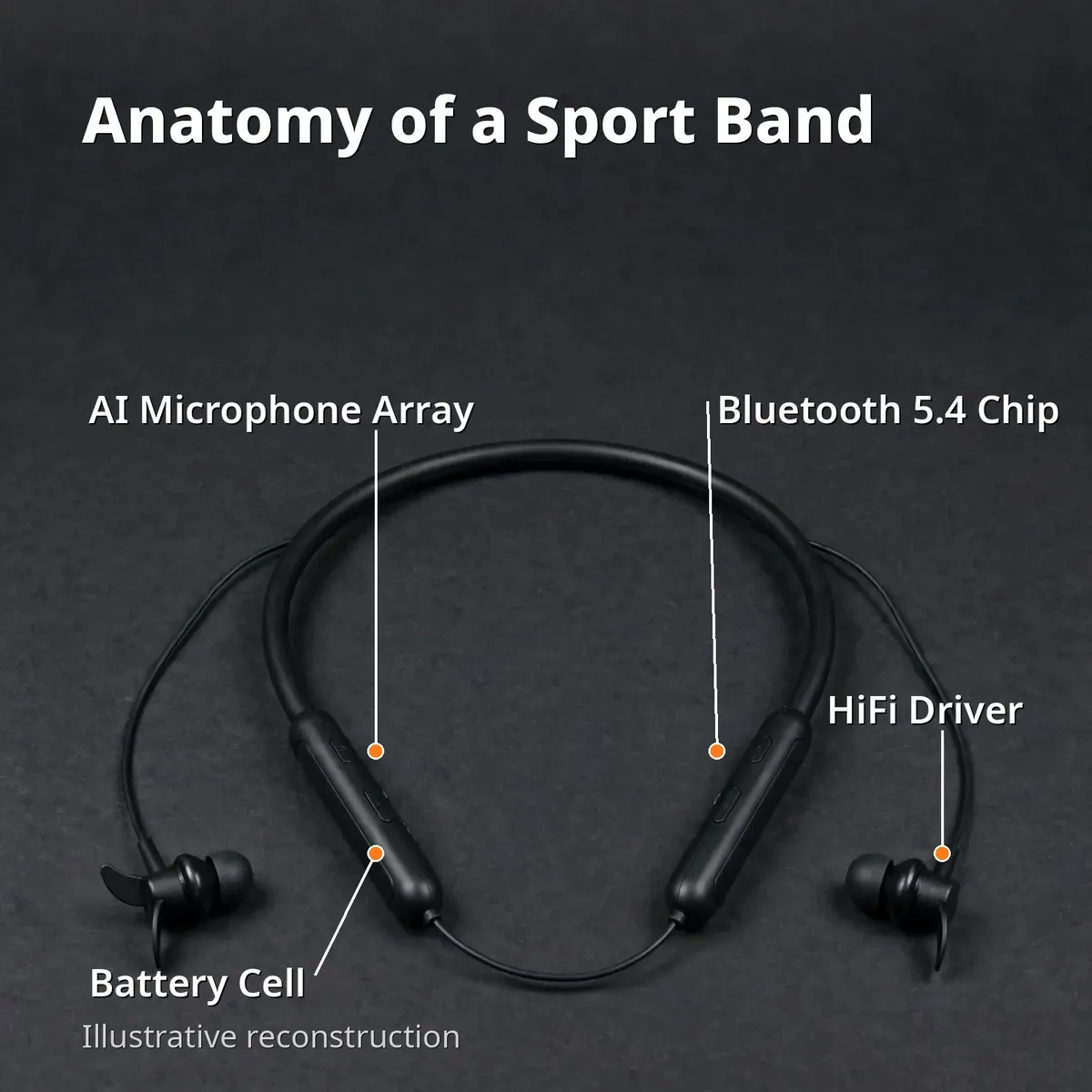 Philips TAN1120 anatomy infographic — Anatomy of a Sport Band, with callouts for the AI microphone array, Bluetooth 5.4 chip, battery cell, and HiFi driver. Illustrative reconstruction.