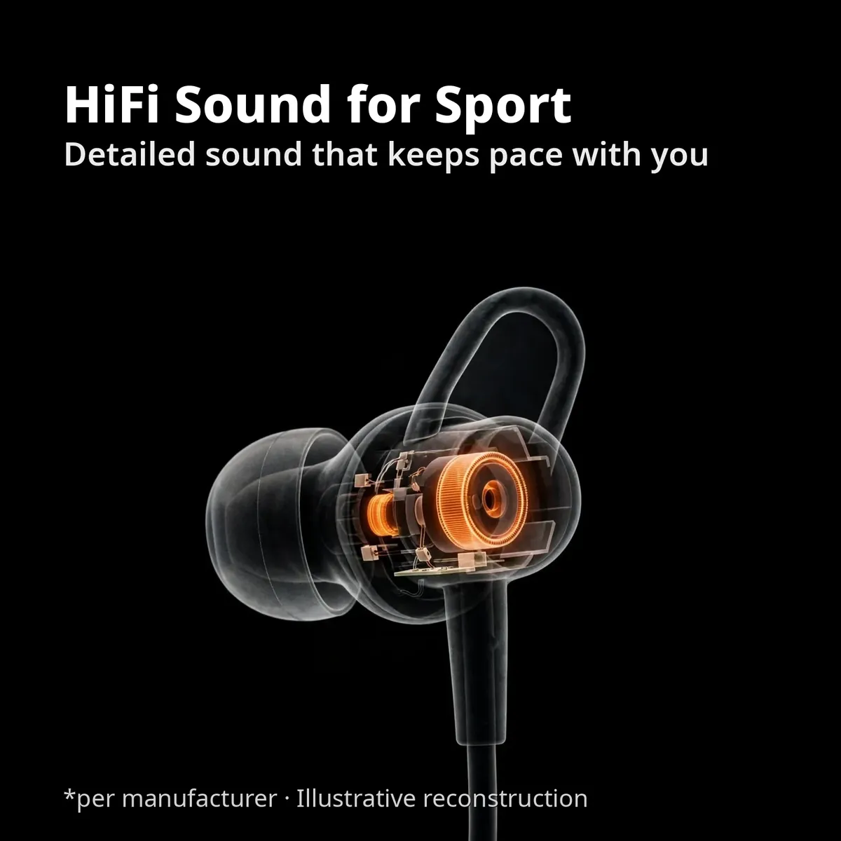 Philips TAN1120 HiFi driver x-ray close-up — HiFi Sound for Sport. Detailed sound that keeps pace with you. Per manufacturer, illustrative reconstruction.
