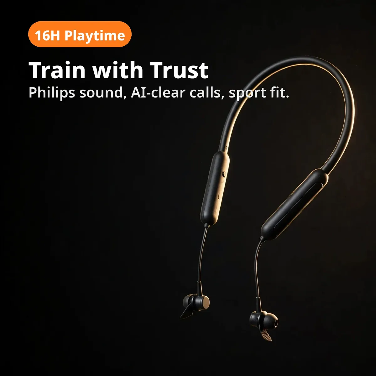 Philips TAN1120 promo hero on a premium dark backdrop — Train with Trust. Philips sound, AI-clear calls, sport fit. 16H Playtime chip.
