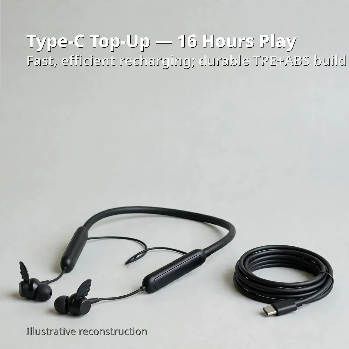 Philips TAN1120 Type-C charging infographic — Type-C Top-Up, 16 Hours Play. Fast, efficient recharging; durable TPE+ABS build. Illustrative reconstruction.