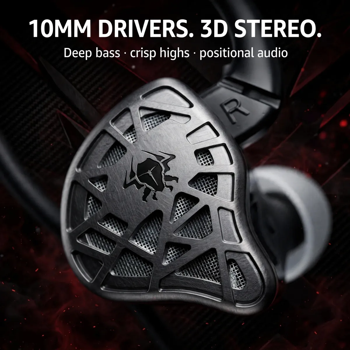 Plextone G31 Venom drivers feature card on a dark red gaming backdrop — 10MM Drivers. 3D Stereo. Deep bass, crisp highs, positional audio.