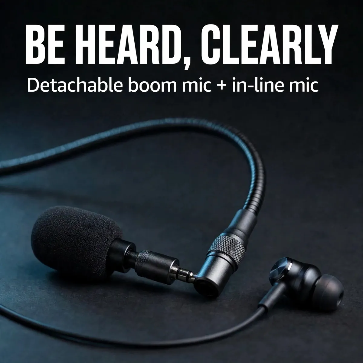 Plextone G31 Venom microphone card showing the detachable boom mic — Be Heard, Clearly. Detachable boom mic + in-line mic.