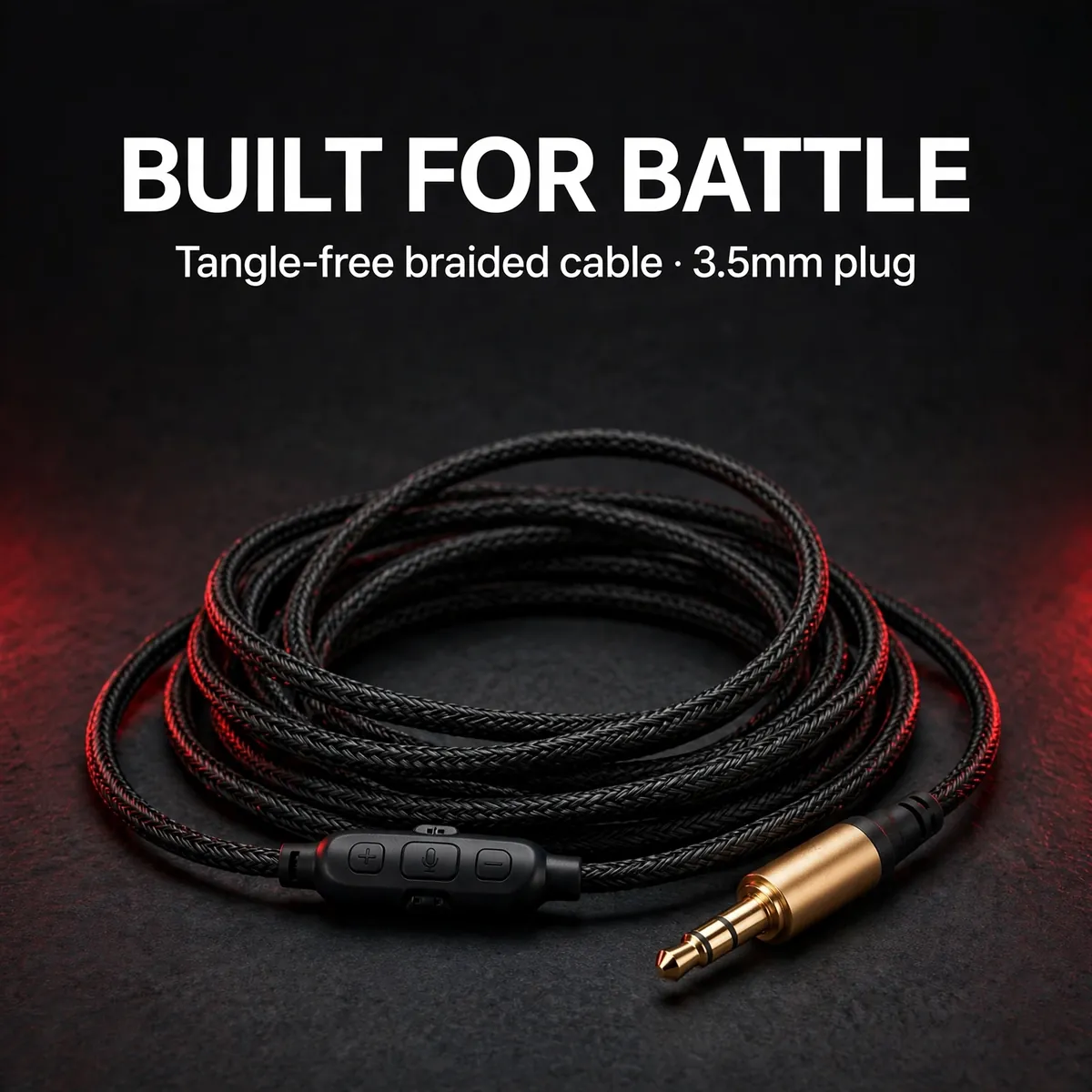Plextone G31 Venom cable card showing the braided black cable and 3.5mm plug — Built for Battle. Tangle-free braided cable, 3.5mm plug.