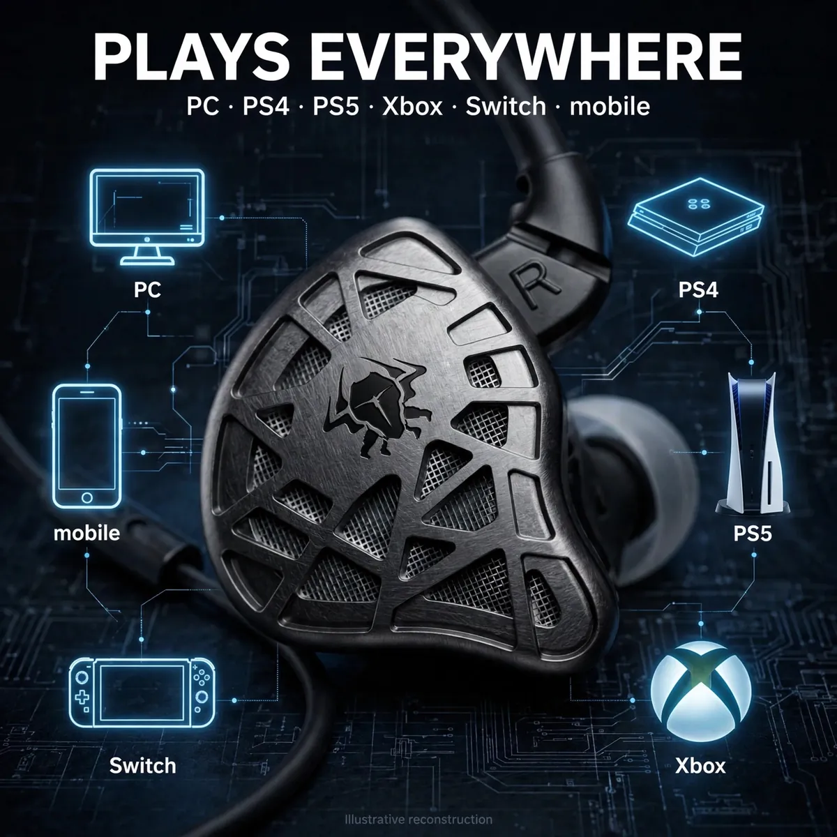 Plextone G31 Venom compatibility infographic showing the earphones with PC, PS4, PS5, Xbox, Switch and mobile icons — Plays Everywhere. Illustrative reconstruction.