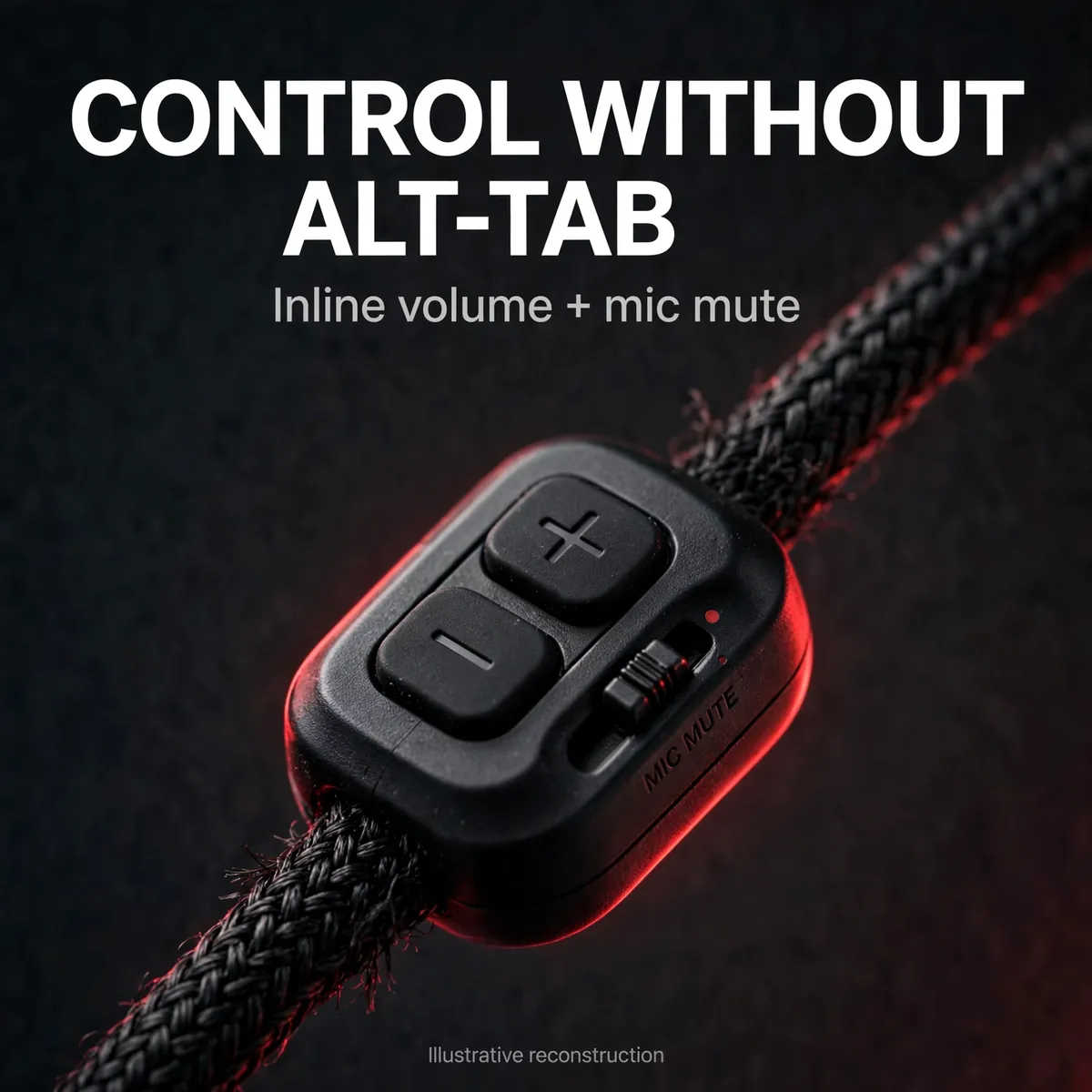 Plextone G31 Venom control infographic showing the inline controller close-up — Control Without Alt-Tab. Inline volume + mic mute. Illustrative reconstruction.