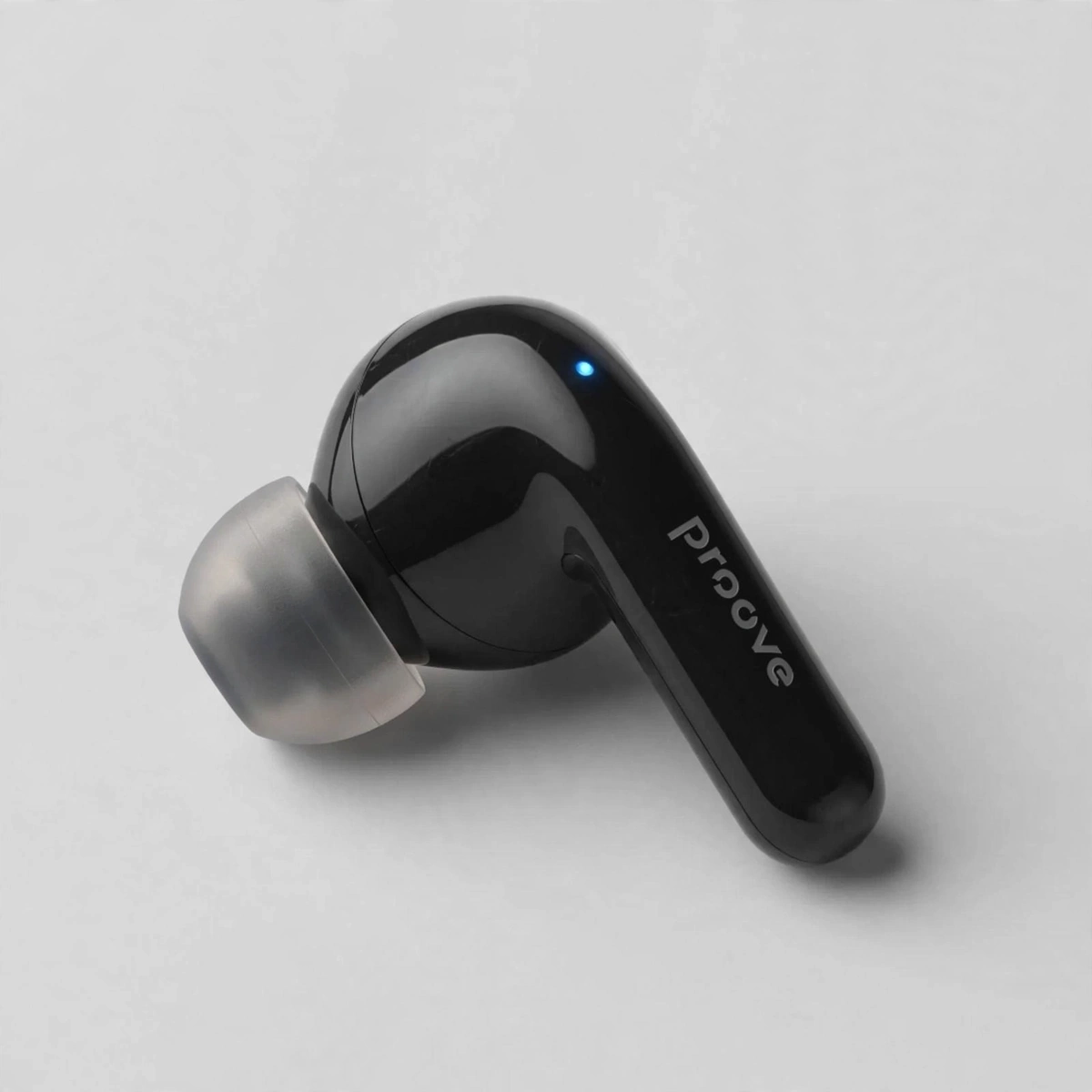 Close-up of a Proove Logic earbud showing the straight stem with proove print and silicone eartip