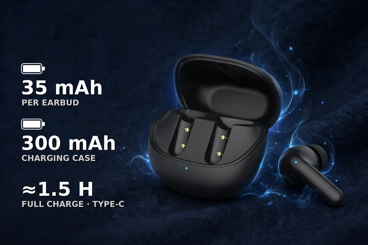 Proove Logic battery infographic: 35mAh per earbud, 300mAh charging case, about 1.5 hour full charge over Type-C