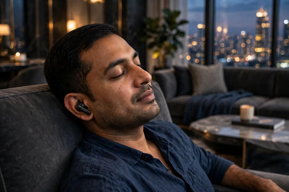 Man listening to music in a penthouse lounge wearing Proove Logic earbuds