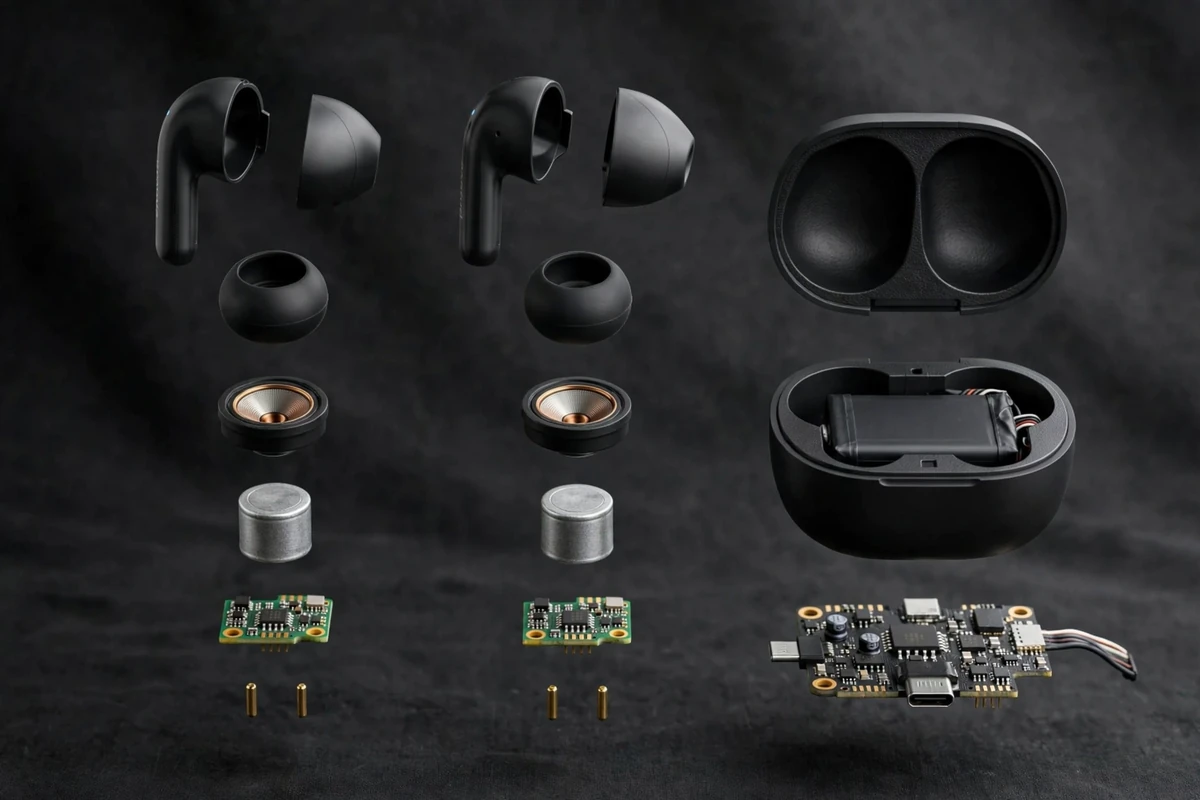 Illustrative exploded-view reconstruction of Proove Logic earbud and case components — not an actual teardown photograph