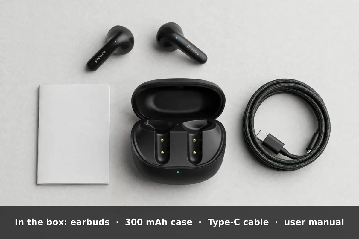 Proove Logic box contents: earbuds, charging case, USB-C cable, user manual