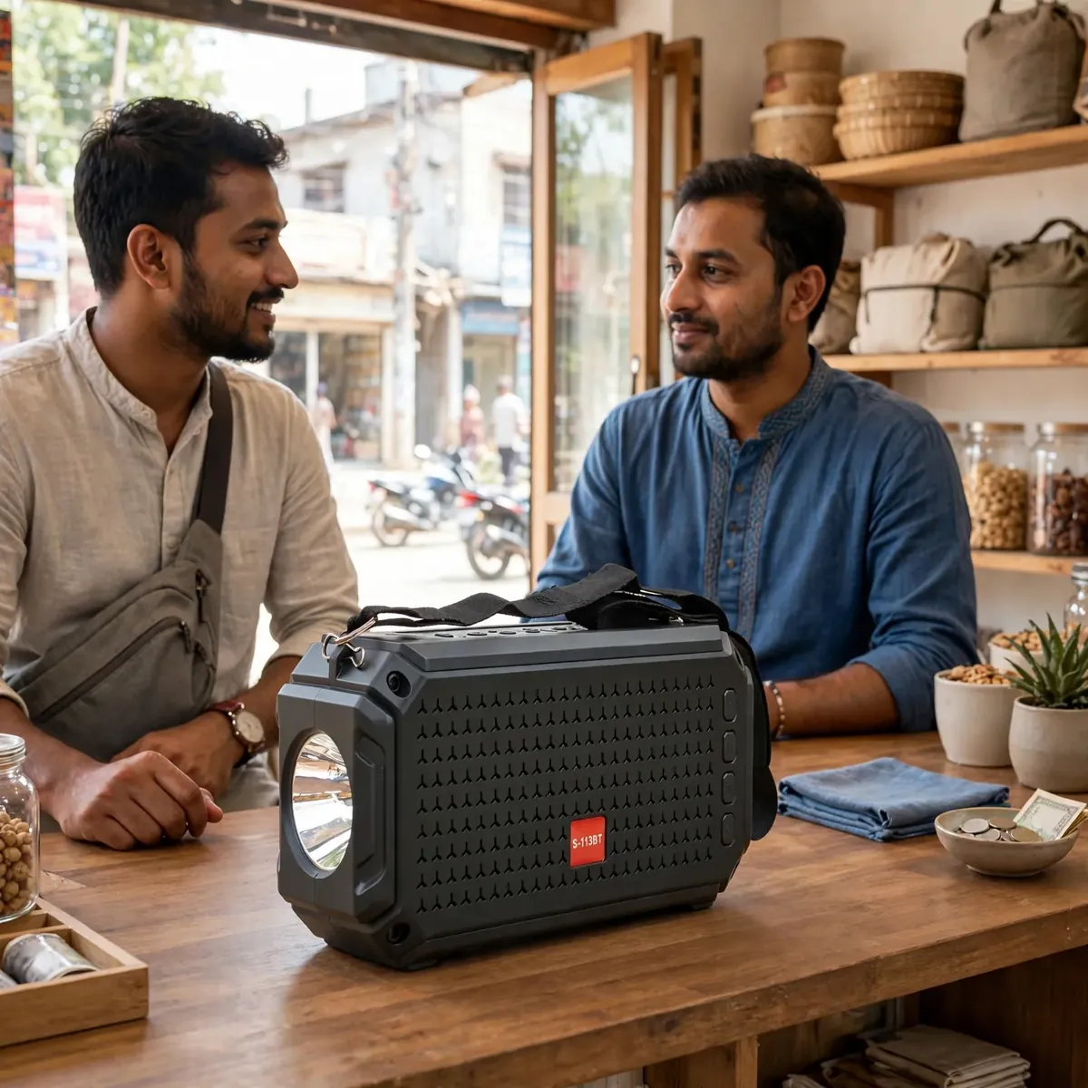 Kamasonic S-113BT portable wireless Bluetooth speaker on a shop counter
