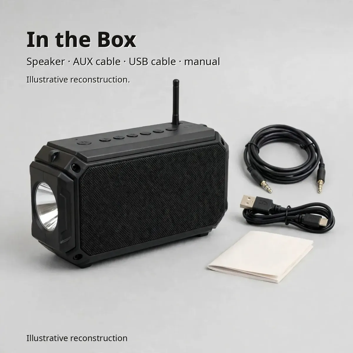 Kamasonic S-113BT box contents — speaker, AUX cable, USB cable, manual