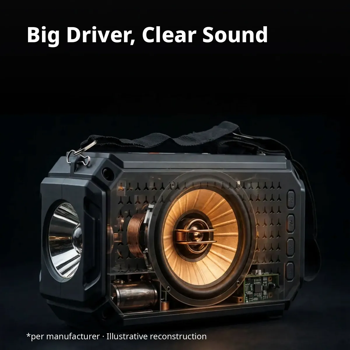 Kamasonic S-113BT driver close-up — big 78mm driver, clear sound