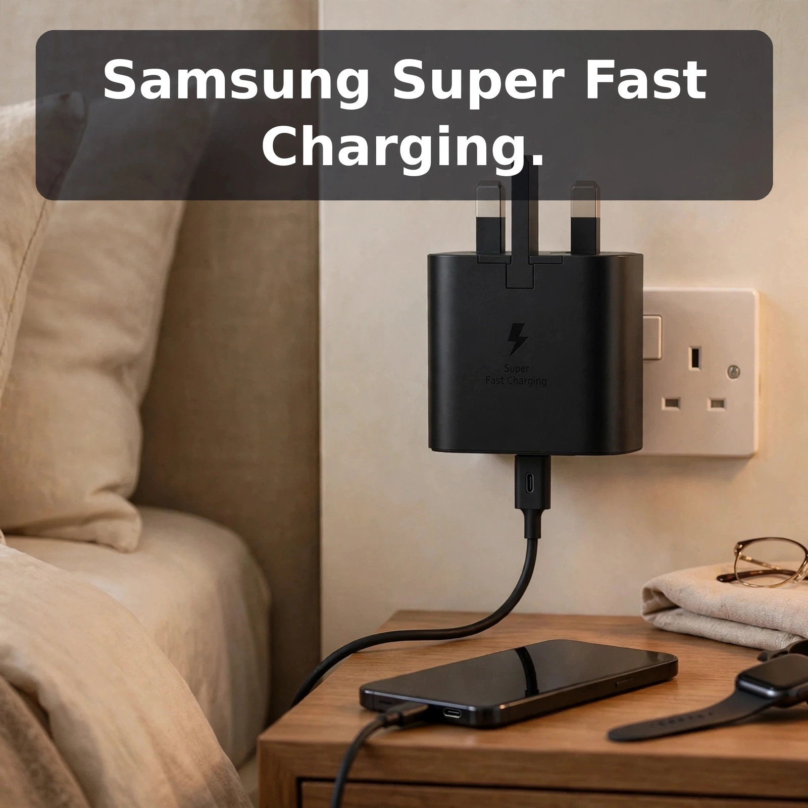 Samsung 25W fast charger TA800 UK charging a Galaxy phone beside a laptop