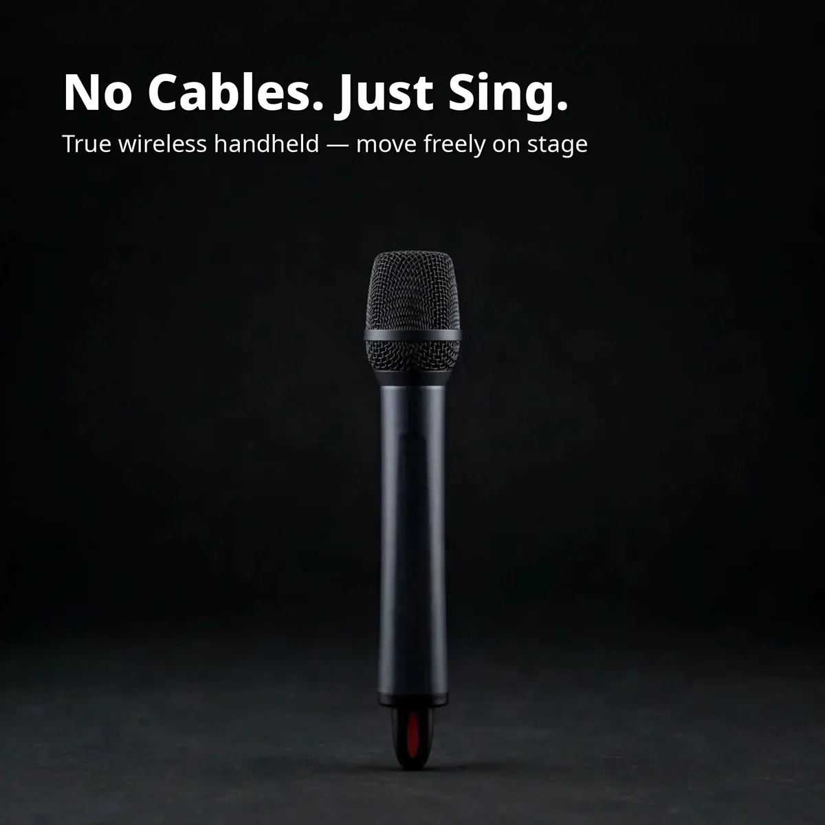 Shengfu TX-11 feature card showing the handheld mic on a dark studio backdrop — No Cables. Just Sing. True wireless handheld, move freely on stage.