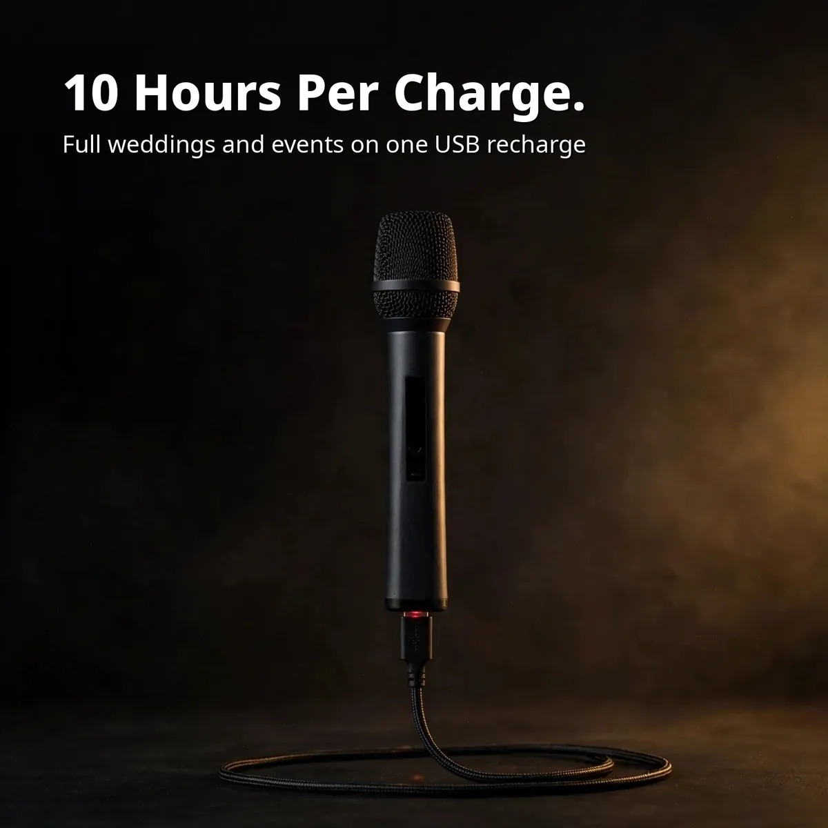 Shengfu TX-11 battery card showing the mic with a USB charging cable — 10 Hours Per Charge. Full weddings and events on one USB recharge.