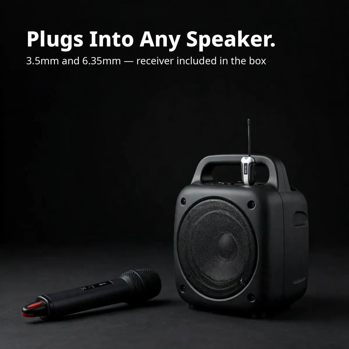 Shengfu TX-11 plug card showing the handheld mic and plug-in receiver beside a portable speaker — Plugs Into Any Speaker. 3.5mm and 6.35mm, receiver included in the box.