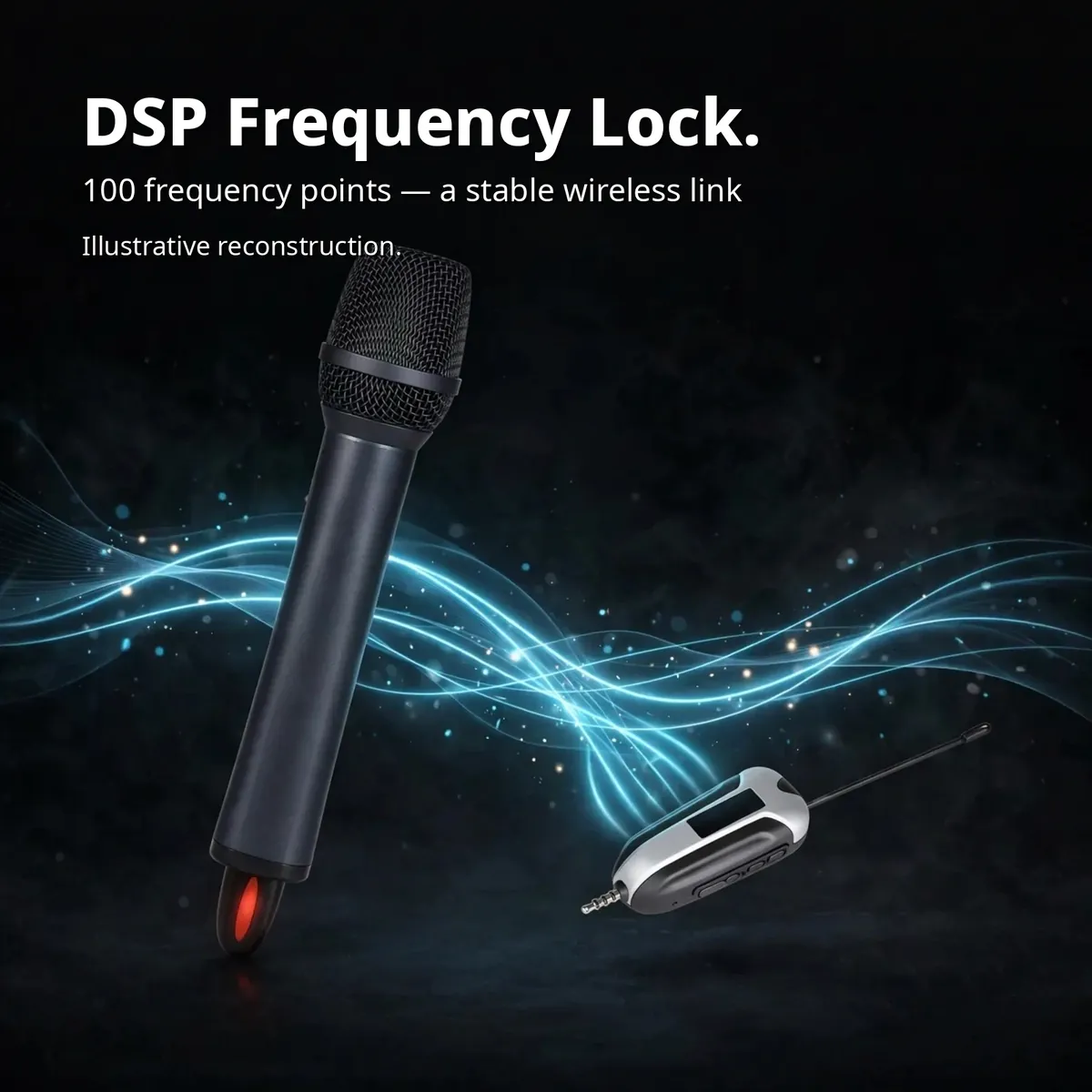 Shengfu TX-11 DSP infographic showing signal waves flowing from the handheld mic to the plug-in receiver — DSP Frequency Lock. 100 frequency points, a stable wireless link. Illustrative reconstruction.