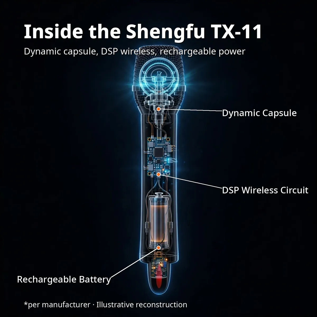 Shengfu TX-11 x-ray cutaway of the handheld mic showing the glowing capsule, DSP board and rechargeable cell with leader-line callouts — Inside the Shengfu TX-11. Dynamic capsule, DSP wireless, rechargeable power. Illustrative reconstruction.